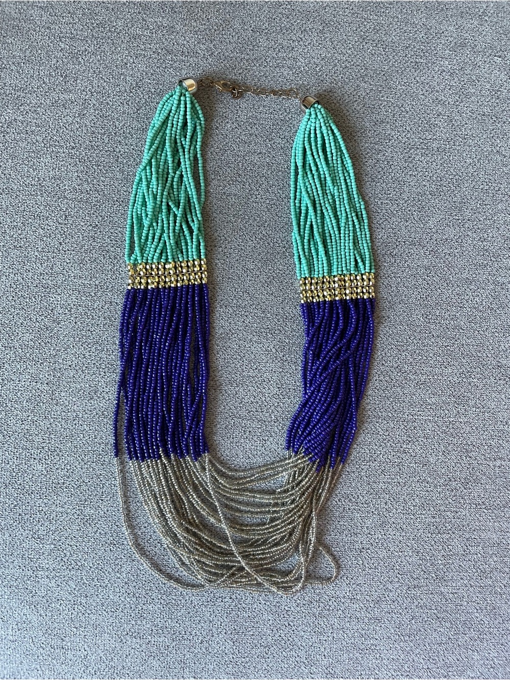 Vintage Multi Strand Seed Bead Statement Waterfall Necklace Boho Tribal Blue